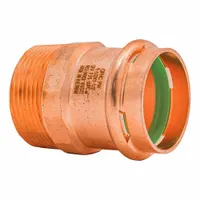 This copper or bronze press tube fitting connects copper press tubing to male NPT threaded pipe. It features a seal window for visual confirmation of proper installation. Suitable for plumbing systems including water supply and hydronic heating