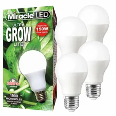 This A19-shaped LED grow bulb from MIRACLE LED features a full/broad spectrum and operates at 120V with a 150W incandescent watt equivalency. Designed for height control in plant growth applications, it is suitable for indoor gardening, hydroponics, and greenhouse supplemental lighting.