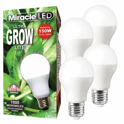 MIRACLE LED Grow Bulb: LED, A19, 120V, Full/Broad - Plant Growth Bulbs