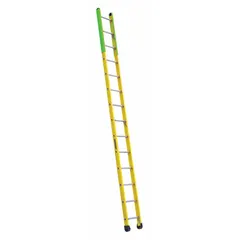 This 14 ft fiberglass straight ladder has a 375 lb load capacity and weighs 30 lb. It features slip-resistant shoes and side rail bumpers. The non-conductive fiberglass construction makes it suitable for manhole access and other industrial applications where electrical safety is a concern.