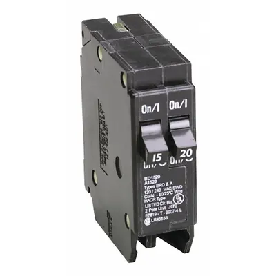EATON Circuit Breaker: 15/20 A, 120V AC, Single Phase, 10kA at 120V AC, Type BR Loadcenters - BR & BD Series