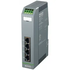 Managed DIN Rail-mount Ethernet switch with four RJ45 ports supporting 1000 Mbps network interfaces. Features auto-negotiation and an IP20 rating. Operates with a maximum input voltage of 30V DC. Suitable for industrial control cabinets and factory-floor networking.