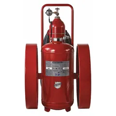 Wheeled Class BC fire extinguisher with a 300 lb capacity, charged with Potassium Bicarbonate. Rated 320B:C for use on flammable liquid and energized electrical fires. Suitable for large-scale fire suppression in industrial settings.