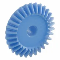 Straight teeth metric bevel gear with gear ratio 1.5, module m 2.5, 30 teeth, and 15 mm bore diameter. Made of nylon for low-noise operation and corrosion resistance. Used to transmit power and motion between intersecting shafts at a 90-degree angle in industrial machinery and drive systems