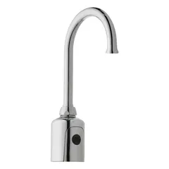 Single-post sensor faucet with gooseneck spout, constructed of cast brass with polished chrome finish. Includes mounting hardware. Suitable for commercial and institutional restroom applications requiring touch-free operation.