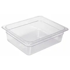 Half-size rectangular steam table pan for holding and serving hot or cold food in commercial kitchens, cafeterias, and catering operations. NSF certified for food contact and dishwasher safe. Overall length 12-3/4 in, depth 7-1/4 in.