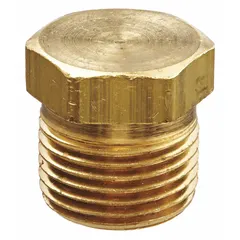 Brass hydraulic hose plug with 3/8 in fitting size and 3/8-18 NPTF threads. Rated for 1,200 psi maximum working pressure at 70°F. Used to seal hose ends in hydraulic systems for maintenance or system isolation.