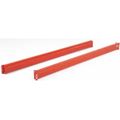 This roll-formed step beam is designed for use in teardrop-style pallet rack systems. It measures 96 inches in length, 2 7/16 inches in height, and 5 1/2 inches in depth, with an orange finish. The beam provides horizontal load support for storing palletized goods in warehouses and distribution centers.