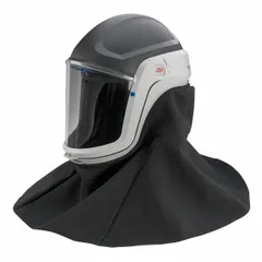 Universal-size hood-type headgear for use with supplied-air respirator (SAR) systems. Includes a flame-resistant outer shroud and visor for head, face, and neck protection in industrial environments. Compatible with PAPR or SAR configurations.
