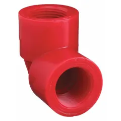 This 90° elbow is a UV-resistant Schedule 80 pipe fitting made of polyvinylidene, with 3/4 in x 3/4 in female NPT connections. It meets ASTM D3222 standards and is used to change flow direction in piping systems for applications requiring corrosion resistance and UV stability.