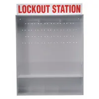 Wall-mount lockout board made of polystyrene with an open-front cover. Unfilled, designed to hold up to 20 lockout devices for organizing energy isolation procedures in facility lockout/tagout programs