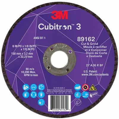 3M CUBITRON 3 Cut-Off and Grinding Wheel: Type 27, 6" x 1/8" x 7/8", Ceramic - Cool-Cutting Combination Wheels for Carbon & Stainless Steel