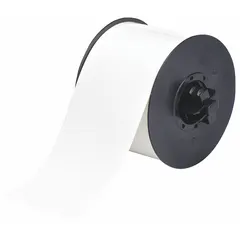 Continuous tag roll made of white gloss polyester for outdoor use. Measures 3 1/4 in x 50 ft. Requires B30-R10000 ribbon for thermal transfer printing. Compatible with S3700 printer series. Used for durable identification of equipment, pipes, and assets in harsh environments.