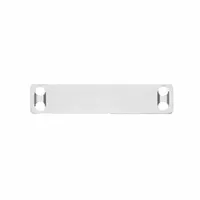 Rectangular marker plate for label stamping presses, made of 0.01 in thick 304 stainless steel. Measures 3/4 in x 3-1/2 in with 4 mounting holes. Used to create permanent identification tags in industrial settings