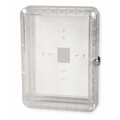 This plastic thermostat guard features a clear snap-on cover and a ring base, with double-wall construction for added protection. Inside dimensions are 8-3/8 in H x 5-7/8 in W x 3 in D; outside dimensions are 9-5/8 in H x 7-1/8 in W x 3-3/8 in D. The lock and key help prevent unauthorized access to thermostat controls. Commonly used in commercial and industrial settings to shield thermostats from tampering and physical damage.