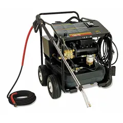 This hot water pressure washer operates on 120 V single-phase power, delivering 1,500 psi at 2 gpm with a 2 hp motor. It features a direct pump drive and uses kerosene as burner fuel. Suitable for cleaning tasks requiring heated water, such as degreasing machinery and removing heavy grime.