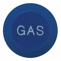 Plastic index button for laboratory faucet handles. Features blue color with 'GAS' text. Designed for gas-type handles to identify gas supply in lab settings.