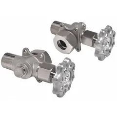Steel gauge valve with zinc handwheel handle, compatible with 5/8 inch gauge glass diameter. NPT drain connection type. Used to isolate or drain gauge glass assemblies on industrial boilers, pressure vessels, and steam lines.