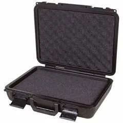 This suitcase-style case provides secure storage and transport for tools, instruments, or sensitive equipment. It features a solid black exterior, single-throw closure, and stationary design. Interior dimensions are 10 in x 14 3/8 in x 3 1/2 in. Weight is 3 lb.