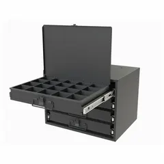 This small compartmented-box cabinet features four drawers, each with 20 compartments sized 2 in x 2-1/2 in x 2-3/16 in, for organizing small parts, fasteners, and components. The cabinet is gray, stackable, and assembled with bearing slides. It is suitable for use in industrial workshops, maintenance facilities, and assembly lines.