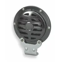 Electric-powered horn designed for material handling equipment. Operates on 24V DC, producing a high-tone audible warning with a maximum sound level of 115 dBA. Features a single painted black horn and includes an L-mounting bracket for installation