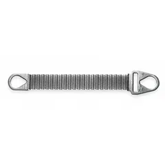 This triangle and choker wire mesh sling is constructed from 10 gauge alloy steel wire mesh, measuring 8 feet in length and 4 inches in width. The mesh design provides flexibility and grip for handling hot, sharp, or abrasive materials in industrial lifting applications such as steel mills, foundries, and manufacturing plants.