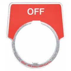 Aluminum legend plate with red 'Off' marking, half-round shape, and notch design. Used to label push-button stations in industrial control panels for clear operator guidance. Overall height 2 in, width 1 3/4 in, panel mounting size 30 mm.