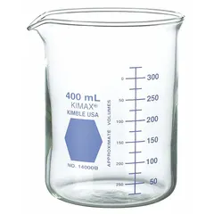 Low form beaker with 1000 mL capacity, made from Type I borosilicate glass. Features a blue color coding for easy identification. Suitable for general laboratory mixing, heating, and measuring of liquids.