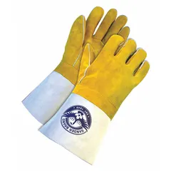 These premium stick welding gloves feature a cowhide leather palm and straight thumb design. The gauntlet cuff protects the forearm from sparks and heat. Suitable for stick welding applications in industrial fabrication and repair environments. Sold as a single pair.