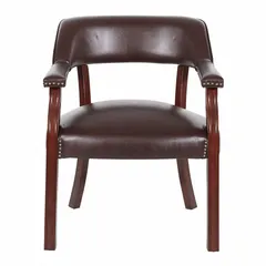 This accent chair features a mahogany finish and vinyl upholstery on the back, seat, and overall chair. It has a 19-inch seat height and 25 1/8-inch overall width, with 4 casters/glides for mobility. Suitable for office, reception, or home workspace settings.