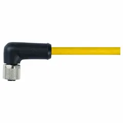 Single-ended cordset with a yellow TPE jacket for heavy-duty applications. Features an M12 female right-angle connector on one end and bare wire on the other. 4 pins, 16 AWG wire size, 10 m cable length. IP66 rated for protection against dust and water jets. Suitable for connecting sensors, actuators, and automation equipment in harsh industrial environments.