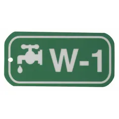 Lockout tag for use in industrial safety lockout/tagout procedures. Made of polystyrene with plastic construction and holes for attachment. Features English text and W-1 type designation. No header included.