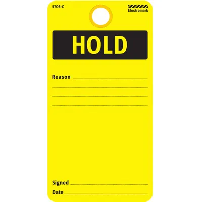 ELECTROMARK Tag: 3 in Wd, 5 3/4 in Ht, Yellow, Rectangle, Cardstock, Indoor, English - Safety