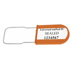 Plastic padlock seal with a 1 3/16 in hasp and 100 lb breaking strength. Features black sequential numbering and the marking 'Sealed'. Suitable for securing containers, cabinets, and meters to indicate tampering. Supplied in a 50-pack.