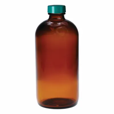QORPAK Sampling Bottle: 480 mL, Amber, 28-400, Urea, 12, F217/PTFE - Amber Narrow Mouth Round Glass Lab Bottles