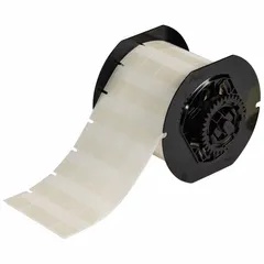 This precut label roll from Brady features self-extinguishing vinyl with a clear matte finish, measuring 15/16 in x 3/4 in. It is designed for use with the i5300 printer series and B30-R4300 ribbon. Suitable for industrial identification and labeling applications where flame resistance is required.