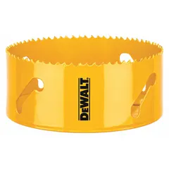 Multi-material-cutting hole saw without arbor, 5-inch diameter, 4/5 teeth per inch, maximum cutting depth 1-3/4 inches, 5/8-18 thread size. Suitable for cutting wood, metal, plastic, and drywall in construction and maintenance tasks.