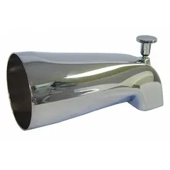 This bathtub spout features a pull-up diverter to direct water flow between tub and shower. It has an IPS connection, a 5-1/4 in spout reach, and a chrome finish. Constructed of aluminum, it is used in residential and light commercial bathrooms.