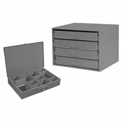 This large compartmented-box cabinet from DURHAM MFG features 4 drawers with adjustable dividers, creating 4 to 13 compartments per drawer. The cabinet is gray, stackable, and comes fully assembled. It provides organized storage for small parts and components in industrial settings.