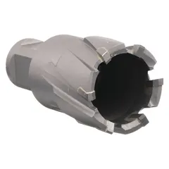 This annular cutter is designed for general cutting of ferrous metals using magnetic drilling machines. It features a carbide tip for extended tool life and a bright finish. The Weldon Flat shank ensures secure mounting. Typical applications include structural steel fabrication, shipbuilding, and heavy equipment maintenance.