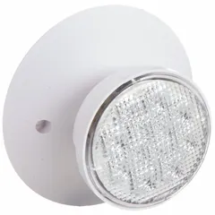 This plastic wall-mounted remote head operates at 3 V and includes one 1 W LED lamp. The adjustable head allows directional light positioning. It is designed for use with compatible emergency lighting systems in commercial or industrial settings.