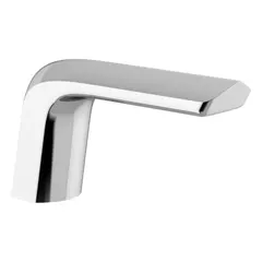 Cast brass construction with polished chrome finish. Battery-powered operation with self-adapting sensor for automatic hands-free activation. Suitable for commercial restroom installations.