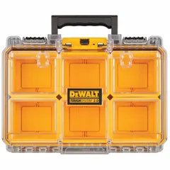 Plastic tool organizer box with black/clear design. Clear lid allows quick identification of contents. Measures 10 5/16 in wide by 14 1/2 in deep by 4 7/8 in high. Suitable for organizing and transporting tools and accessories.