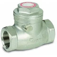 This SHARPE swing check valve features a 316 stainless steel inline body with 1 in FNPSM x FNPSM connections and a metal seat. It is designed to prevent backflow in piping systems handling water, oil, or gas, and can be installed in horizontal or vertical lines.