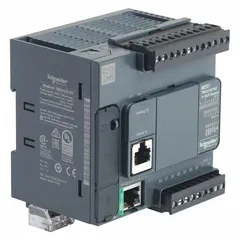 Programmable logic controller from the Modicon series with 2 analog and 9 discrete inputs, 7 transistor outputs, and a 24V AC/DC power supply. Includes a built-in clock for time-based control. Suitable for industrial automation and machine control applications requiring logic and timing functions.