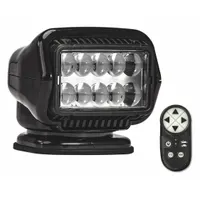 Black rectangular LED spot light for permanent vehicle installation. Features a handheld remote controller for convenient operation from inside the cab. Includes bracket and pigtail electrical connection. Overall height 7 inches. Suitable for off-road, emergency, or industrial mobile equipment
