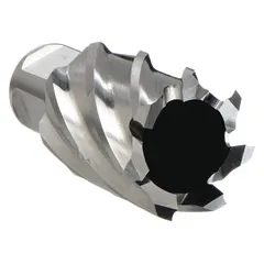 This carbide-tipped annular cutter is designed for cutting precise holes in tough materials. It has an 11/16 in diameter, 1 in maximum cutting depth, bright finish, and is made from cobalt with a Weldon Flat shank. Suitable for use in industrial fabrication and structural steel work.