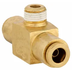Brass adapter tee fitting with two 1/4 in OD push-fit ports and one 1/8 in pipe thread port. Used to branch or distribute air lines in pneumatic systems, such as air brake circuits on commercial vehicles.