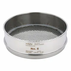 Stainless steel test sieve with 8-inch outside diameter and 2 5/8-inch height. Frame and screen are stainless steel. Meets ASTM E11 standards. US Standard Screen Size #6. Used for particle size analysis and material classification in laboratory and industrial quality control.