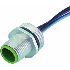 M12 male front mounting receptacle with A-coding and 4 pins. Features a 0.2 m wire lead with 0.34 sq mm conductor, PP cable jacket, and IP67 / NEMA 6P protection. Suitable for signal and low-power connections in industrial automation and control systems.